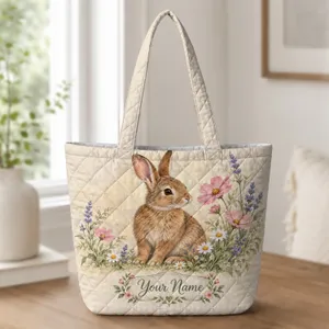 Wildflower Rabbit Meadow Art for Spring Garden Lovers and Nature Gifts Quilted Tote Bag