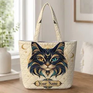 Art Deco Mystical Cat Face for Book Lovers, Daily Errands, and Feline Fan Gift Ideas Quilted Tote Bag