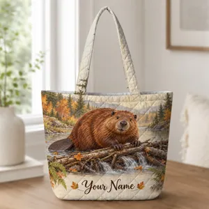 Autumn Beaver and River Dam Scene for Woodland Nature Lovers and Fall Getaways Quilted Tote Bag