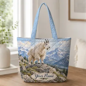 Alpine Mountain Goat and Rocky Peaks for Hiking Adventures and Mountain Nature Lovers Quilted Tote Bag