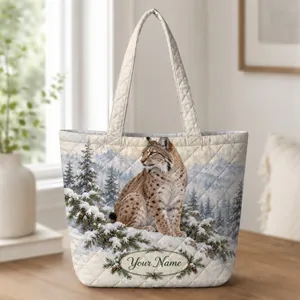 Snowy Lynx in a Winter Pine Forest for Cozy Cold-Weather Outings Quilted Tote Bag