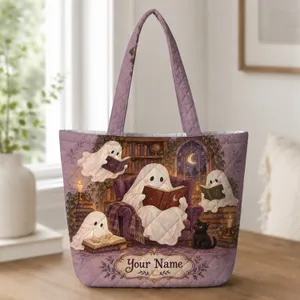 Cozy Reading Ghosts and Haunted Library for Halloween Book Lovers Quilted Tote Bag
