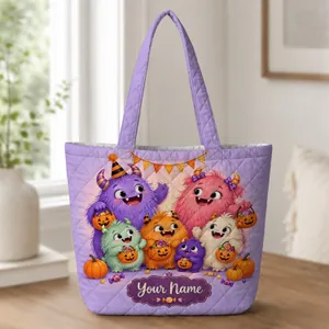 Cute Halloween Monsters With Candy Buckets for Trick-or-Treat Party Fun for Kids Quilted Tote Bag