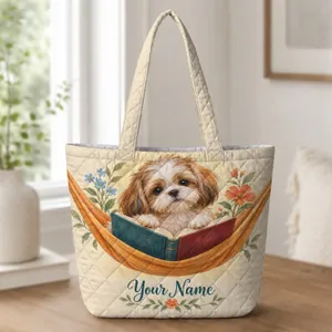 Shih Tzu Reading Book with Garden Blooms for Cozy Reading Days Dog Lovers Quilted Tote Bag