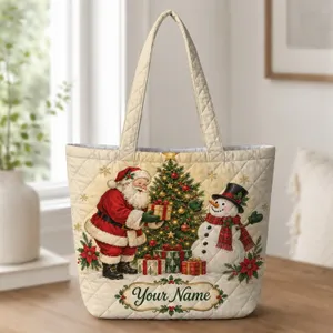 Santa Snowman Christmas Tree Holiday Cheer for Winter Shopping and Seasonal Giving Quilted Tote Bag