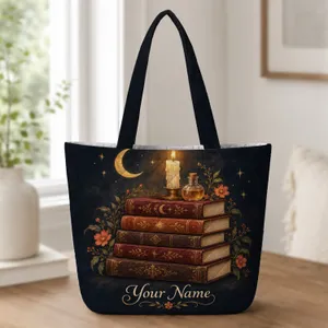 Gothic Books Candle and Crescent Moon for Witchy Readers and Halloween Book Lovers Quilted Tote Bag