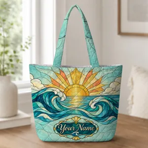 Stained Glass Ocean Sunrise for Coastal Beach Days, Seaside Getaways and Summer Gifts Quilted Tote Bag