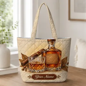 Vintage Whiskey Bottle, Cigar & Tumbler for Rustic Cabin Nights and Bourbon Lovers Quilted Tote Bag
