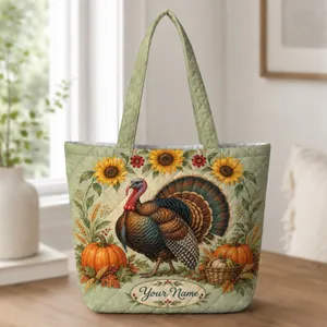 Autumn Turkey, Pumpkins And Sunflowers For Thanksgiving Gatherings And Harvest Season Quilted Tote Bag