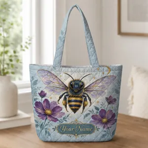 Celestial Honeybee with Violet Blooms for Cottagecore Nature Lovers and Bee Keepers Quilted Tote Bag