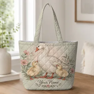 Botanical Mama Goose And Two Goslings With Pink Blooms For Springtime Bird Lovers Quilted Tote Bag