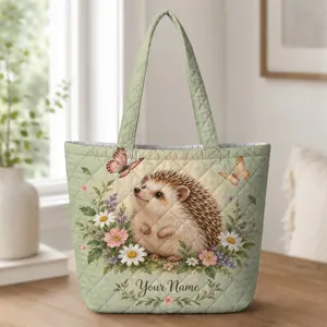 Hedgehog and Butterflies in a Cottage Garden for Cozy Woodland Nursery and Nature Quilted Tote Bag