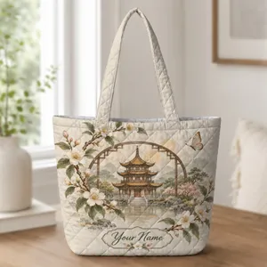 East Asian Pagoda and Blossoms for Serene Garden Lovers and Thoughtful Gifting Quilted Tote Bag