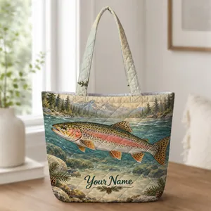 Rainbow Trout Fly Fishing River Scene for Rustic Cabin Lodge Adventures and Anglers Quilted Tote Bag