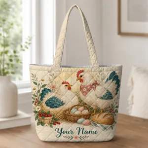 Folk Art Hens, Eggs and Wildflowers for Cottagecore Market Days and Farmhouse Gifts Quilted Tote Bag