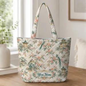 Chinoiserie Pagodas And Blossoms For Mahjong Nights And Elegant Garden Gatherings Quilted Tote Bag