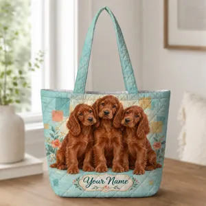 Three Irish Setter Puppies in a Floral Garden for Dog Lovers and Pet Moms Everyday Quilted Tote Bag