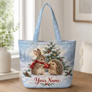 Woodland Rabbit and Hedgehog Christmas Cheer for Cozy Winter Holiday Gift Giving Quilted Tote Bag