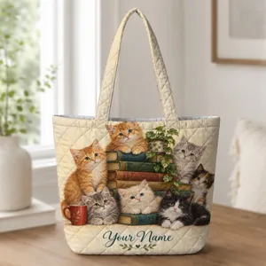 Ginger and Tabby Kittens Reading Among Books for Cozy Library Lovers and Cat Moms Gift for Her Quilted Tote Bag