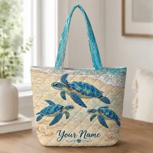 Blue Sea Turtles Coastal Shoreline Ocean Escape Gift For Beach Loving Summer Travelers Quilted Tote Bag