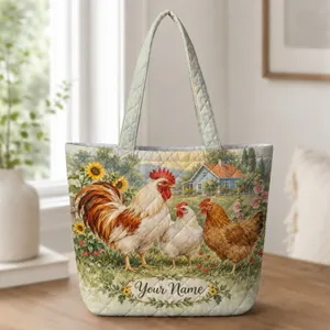 Farm Chickens Sunflowers and Blue Cottage for Country Living and Farmhouse Gifts Quilted Tote Bag