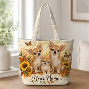 Three Chihuahua Puppies With Sunflowers for Cozy Autumn Pet Lover Style Quilted Tote Bag