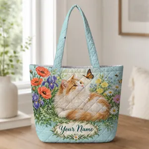 Cream and Ginger Garden Cat with Wildflowers and Butterfly for Springtime Cat Lovers Quilted Tote Bag