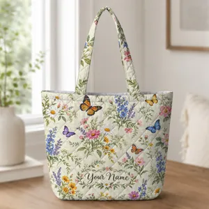 Colorful Wildflower Garden and Butterflies for Springtime Nature Lovers and Gardeners Quilted Tote Bag