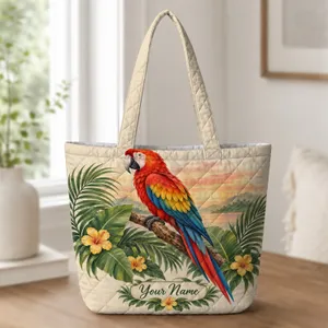 Scarlet Macaw Sunset Jungle Scene for Tropical Getaways and Bird Lovers Quilted Tote Bag