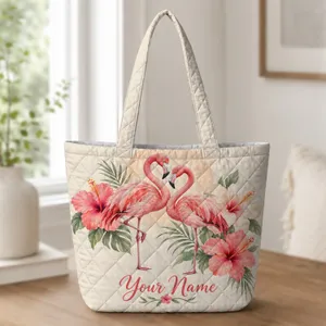 Pink Flamingo Pair With Hibiscus Blooms For Coastal Summer Beach Days And Getaways Quilted Tote Bag