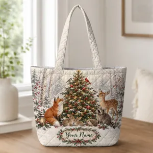 Woodland Deer, Fox And Rabbits Christmas Scene For Cozy Winter Holiday Celebrations Quilted Tote Bag