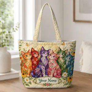 Colorful Patchwork Garden Cats for Whimsical Everyday Carry and Cat Lovers Quilted Tote Bag