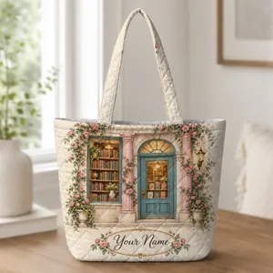 Vintage Bookshop Facade With Roses for Cozy Reading Days and Librarian Gifts for Book Lovers Quilted Tote Bag