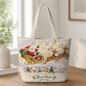 Santa Sleigh, Reindeer and Snowy Village for Cozy Christmas Celebrations and Winter Cheer Quilted Tote Bag