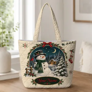 Christmas Snowman, Sleigh and Moonlit Forest for Cozy Winter Holiday Gift Giving Quilted Tote Bag