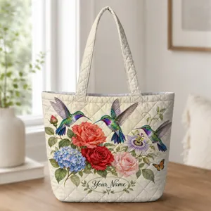 Vibrant Hummingbirds and Cottage Roses for a Charming Cottagecore Home Gift Quilted Tote Bag