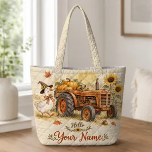 Autumn Tractor, Pumpkin and Sunflower Scene for Cozy Fall Farmhouse Gatherings Quilted Tote Bag