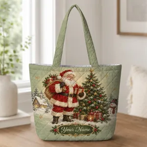 Vintage Santa and Christmas Tree Holiday Scene for Cozy Christmas Gift Giving Season Quilted Tote Bag