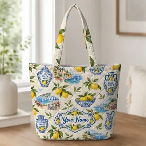 Mediterranean Lemon and Ceramic Motifs for Coastal Summer Getaways and Italian Style Quilted Tote Bag