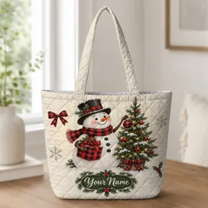 Buffalo Plaid Snowman and Christmas Tree for Cozy Holiday Gifting and Winter Cheer Quilted Tote Bag