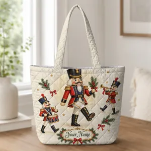 Vintage Christmas Toy Soldier Scene for Festive Holiday Gifting and Winter Cheer Quilted Tote Bag