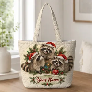 Santa Hat Raccoons with Holiday Lights for Festive Woodland Christmas Style Quilted Tote Bag