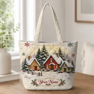 Snowy Christmas Village and Snowflakes for Cozy Holiday Winter Style Gift for Her Quilted Tote Bag