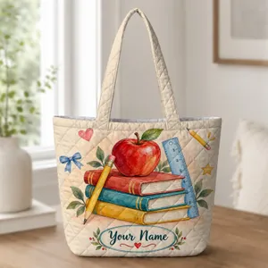 Apple Book Pencil School Supplies for Back to School Teacher Gifts Quilted Tote Bag