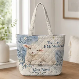 Blue Floral Lamb And Shepherd Verse Gift For Christian Women Of Faith And Easter Quilted Tote Bag