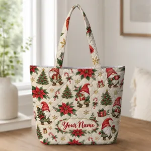 Christmas Gnomes, Poinsettias and Evergreen Trees for Cozy Holiday Gifting for Her Quilted Tote Bag