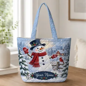 Snowman Cardinal Winter Cottage Scene for Cozy Christmas Holiday Gifting Quilted Tote Bag
