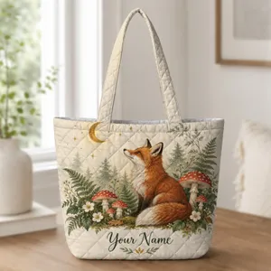 Woodland Fox and Moonlit Mushrooms for Cottagecore Nature Lovers and Gifts Quilted Tote Bag