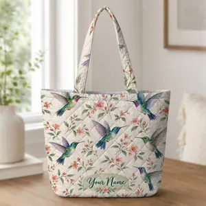Hummingbird Wildflower Motif for Cottagecore Style, Spring Outings and Bird Lovers Quilted Tote Bag