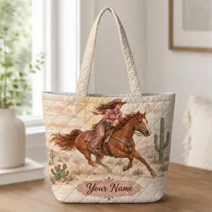 Galloping Horse and Cowgirl Desert Scene for Western Ranch Style Horse Lovers Quilted Tote Bag